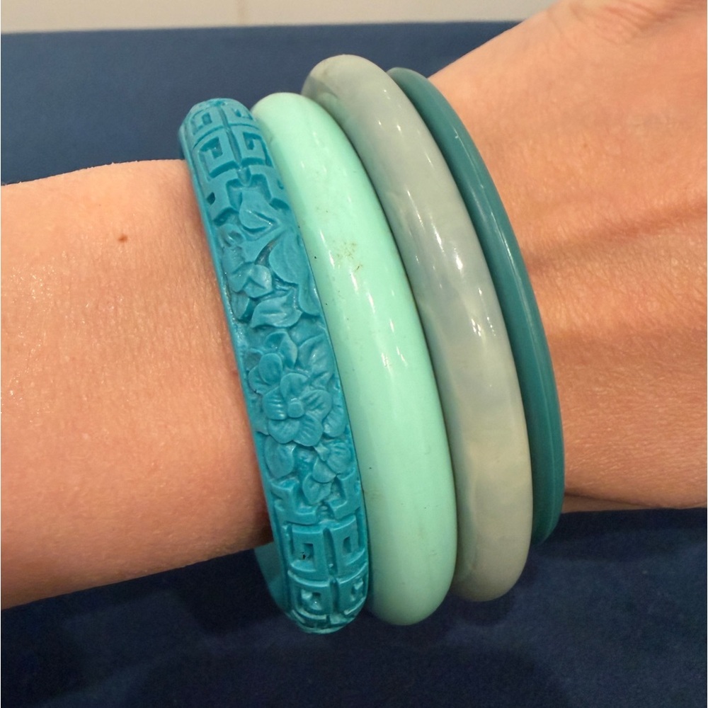 4 Vintage Blue & Green Bangles | Retro Plastic Stack Bracelet Set